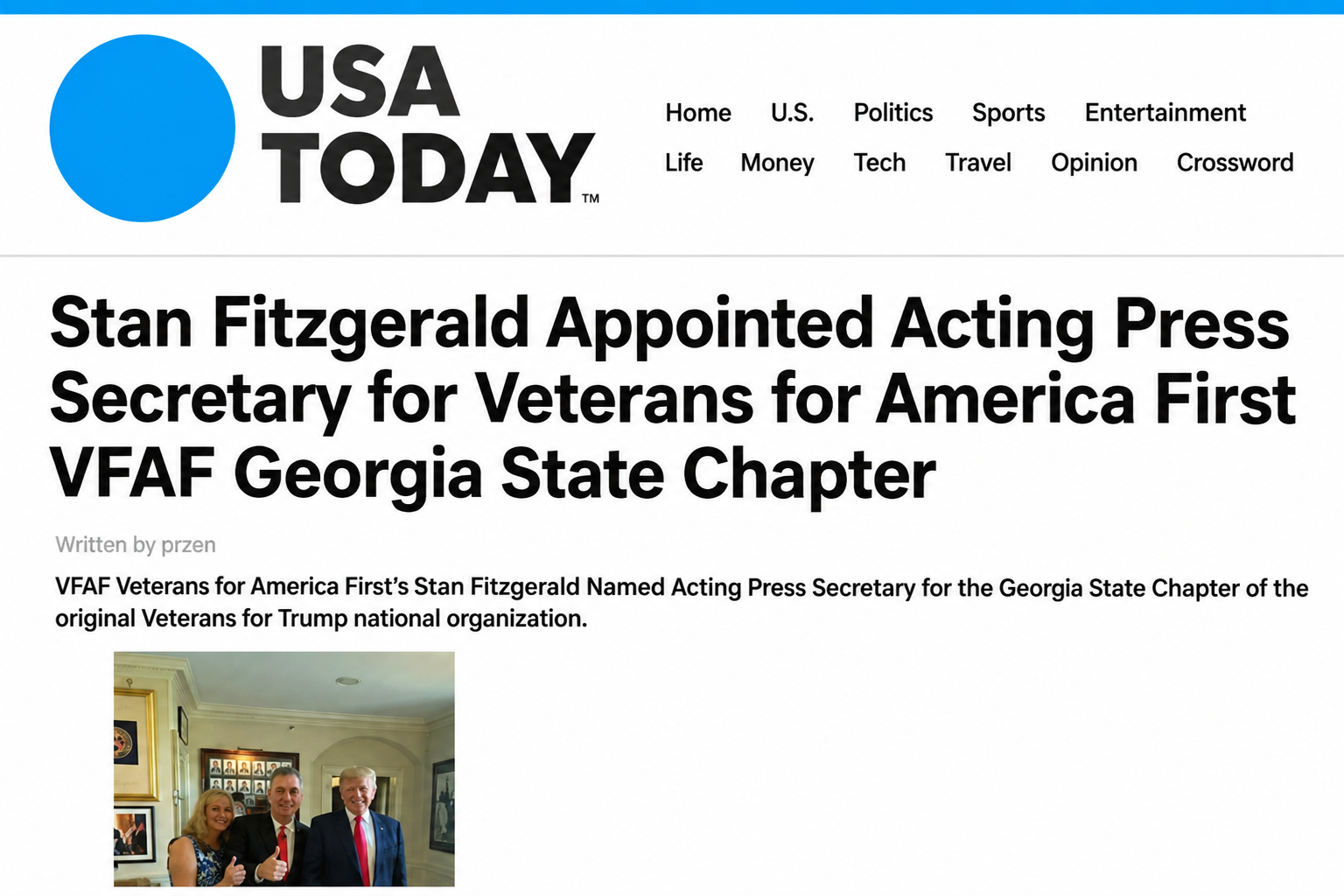 USA Today press release announcing Stan Fitzgerald as Acting Press Secretary for the Veterans for America First Georgia State Chapter