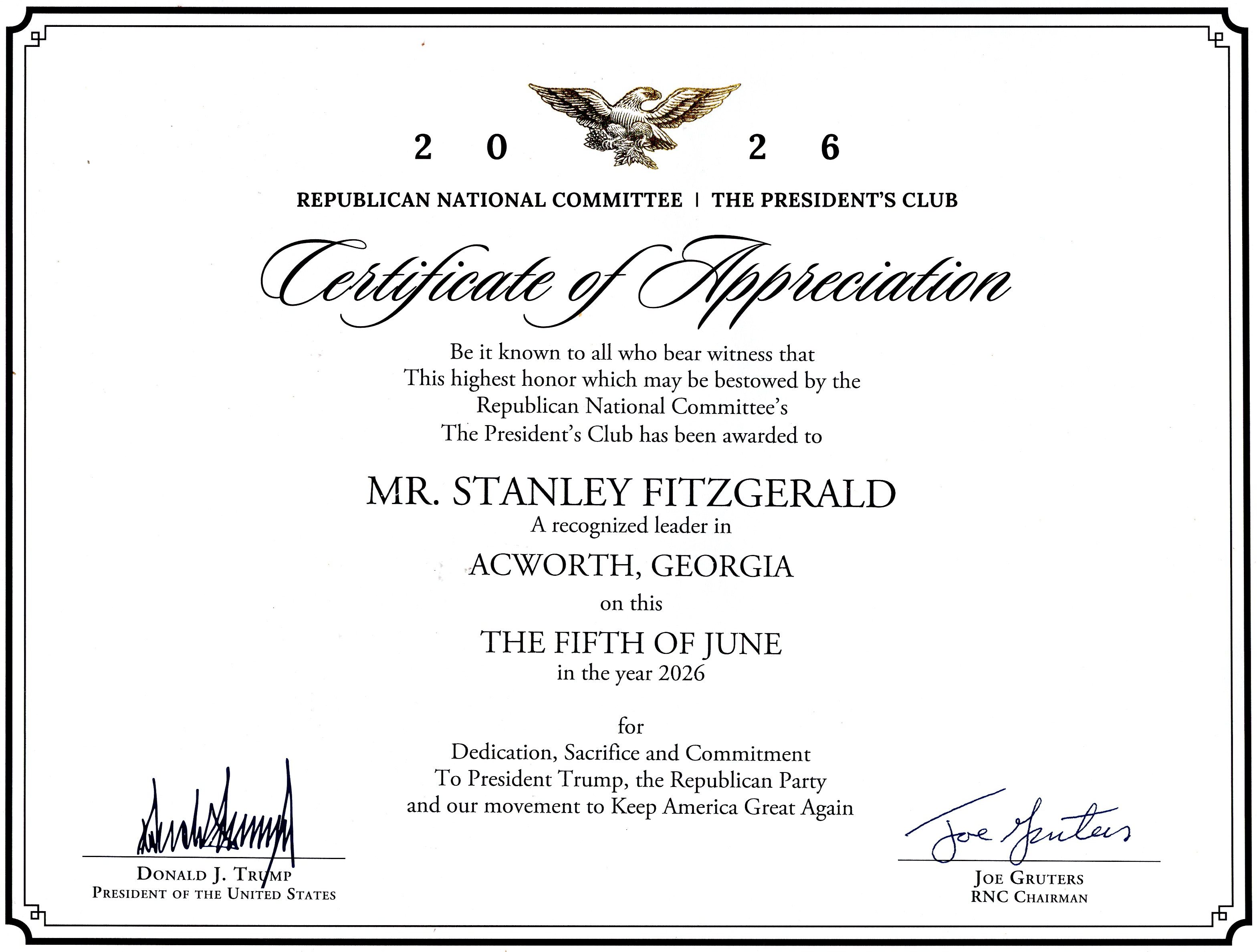 Stan Fitzgerald President’s Club 2026