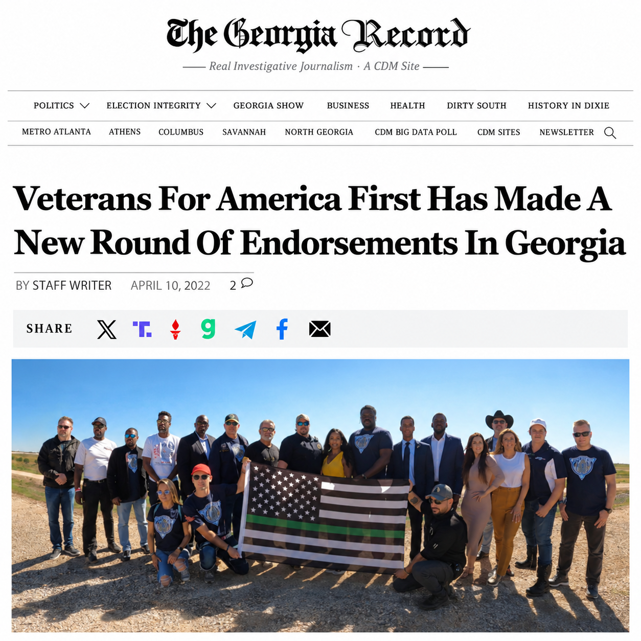 The Georgia Record April 2022 article covering Stan Fitzgerald and Veterans for America First Georgia endorsements