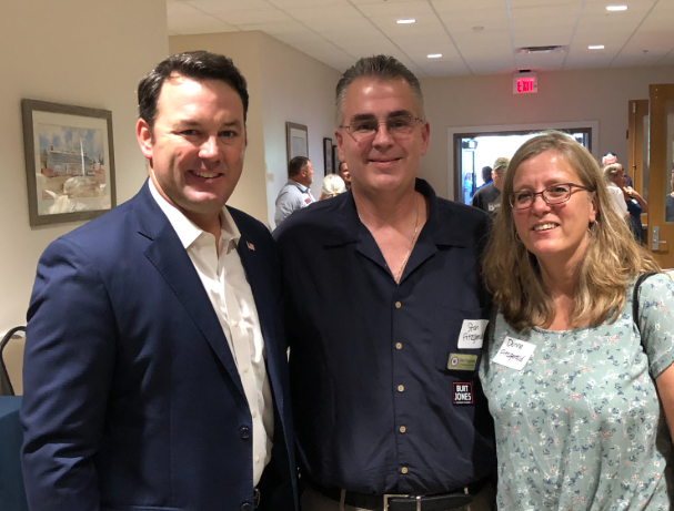 Burt Jones with Stan and Donna Fitzgerald during Jones’ campaign kickoff for Georgia lieutenant governor in Flovilla on August 26, 2021.