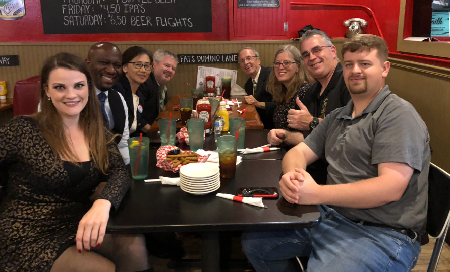 Stan Fitzgerald with Garland Favorito, Heather Mullins, Todd Wood, YG Nyghtstorm and Theresa Shen at KirbyG’s Diner in McDonough, Georgia, September 20, 2021.