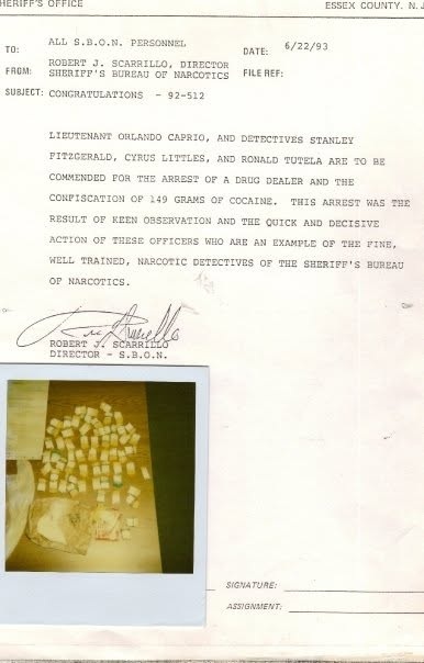 June 22, 1992 Essex County Sheriff’s Office historical commendation and narcotics investigation document in Stan Fitzgerald’s law enforcement archive