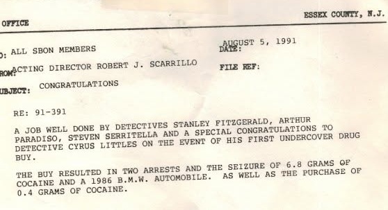 August 5, 1991 Essex County Sheriff’s Office historical commendation and narcotics investigation document in Stan Fitzgerald’s law enforcement archive