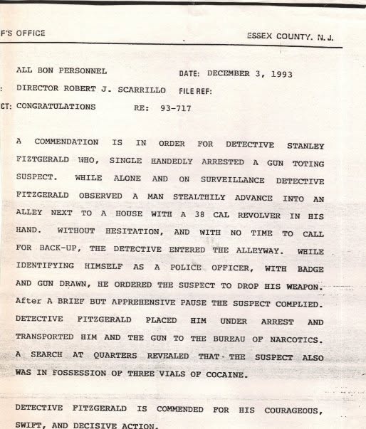 December 3, 1993 Essex County Sheriff’s Office historical commendation and narcotics investigation document in Stan Fitzgerald’s law enforcement archive