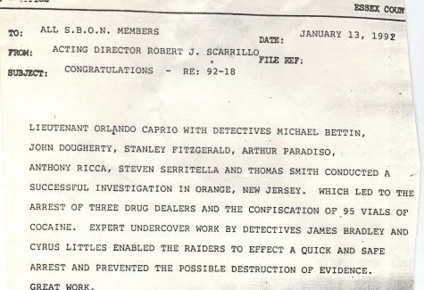 January 13, 1992 Essex County Sheriff’s Office historical commendation and narcotics investigation document in Stan Fitzgerald’s law enforcement archive