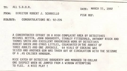 March 11, 1992 Essex County Sheriff’s Office historical commendation and narcotics investigation document in Stan Fitzgerald’s law enforcement archive