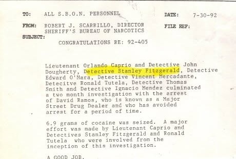 July 30, 1992 Essex County Sheriff’s Office historical commendation and narcotics investigation document in Stan Fitzgerald’s law enforcement archive